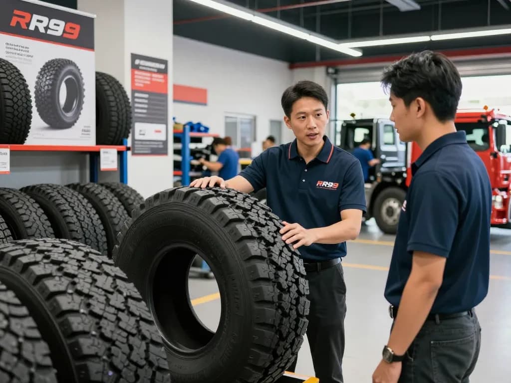 Showcasing RR99 truck tires in a professional dealership setting with customer interaction.