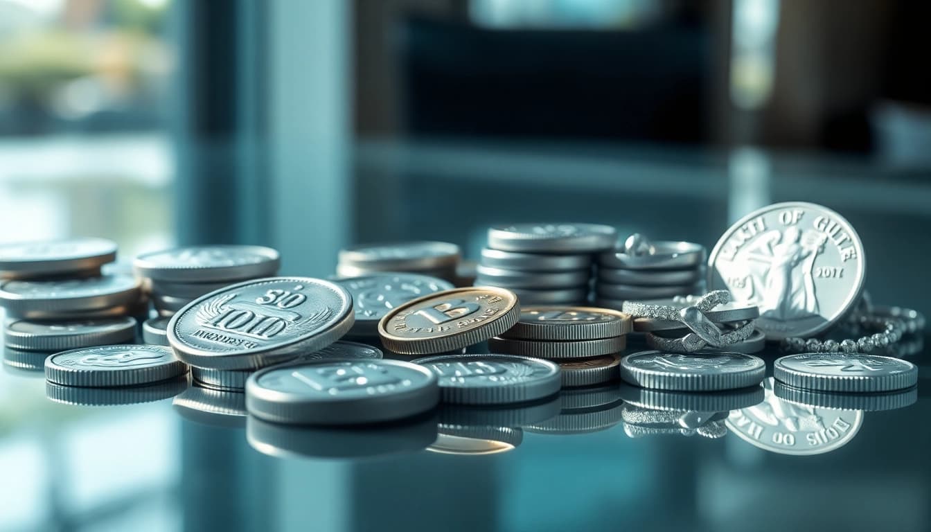 Valuta il compro argento con monete disposte elegantemente su una superficie riflettente.
