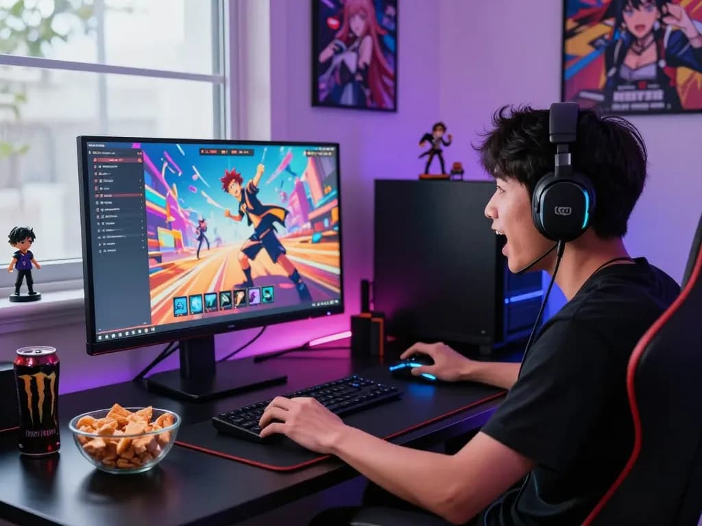 Playing an anime porn game in a vibrant gaming setup with colorful visuals.