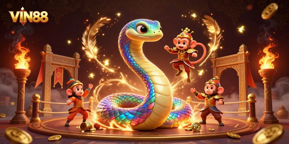 Engage in thrilling games with VIN88, featuring vibrant illustrations of serpents and gold.
