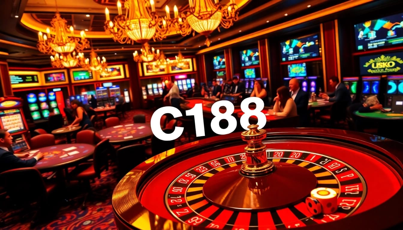 C168 casino with players at roulette and blackjack tables, showcasing luxury and excitement in gambling.