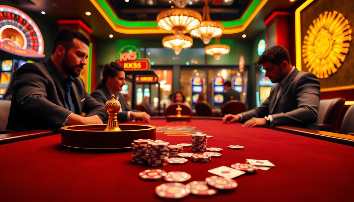 KK55 casino players engaging in high-stakes poker with vibrant slot machines in the background.