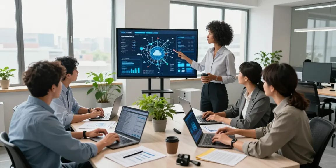 Team collaborating on it support services for small business in a bright office.