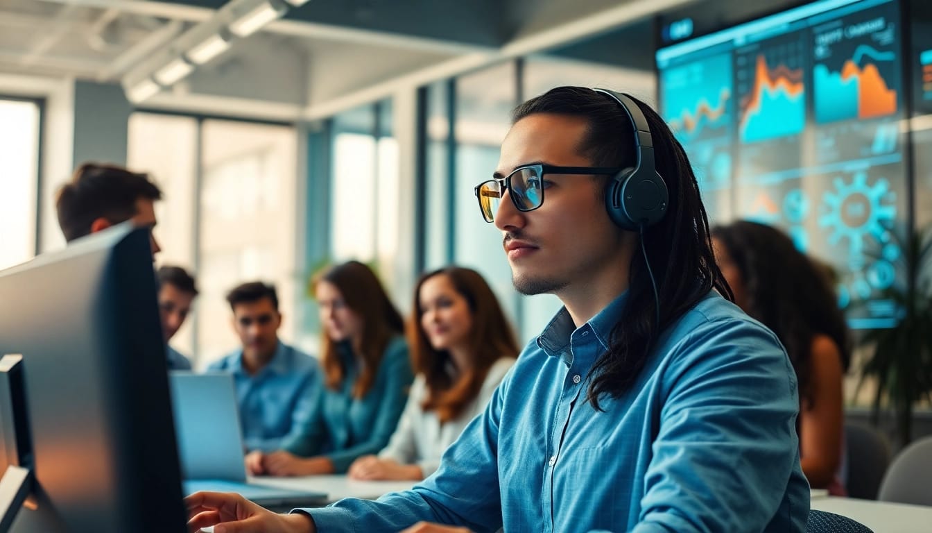 AI Employee engaging with a digital workspace, showcasing collaboration and innovation.