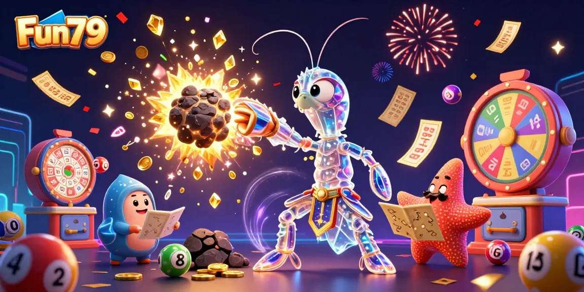Engaging Fun79 online casino scene with a vibrant mantis shrimp and starfish, featuring dynamic lottery elements.