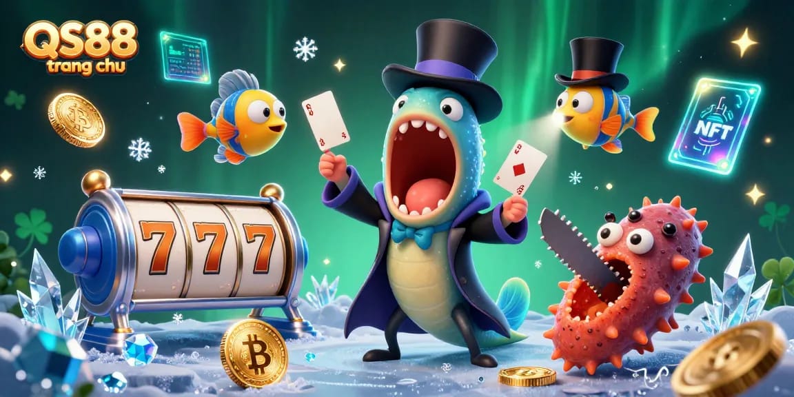 Experience thrilling casino magic with QS88 trang chu's bioluminescent eel performing card tricks amid vibrant 3D elements.