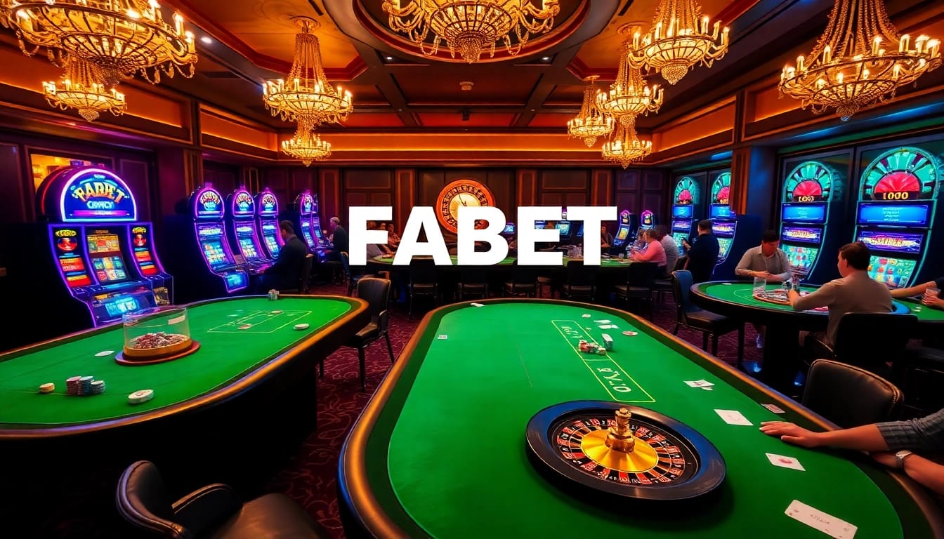 FABET players enjoying poker and slot machines in a luxurious casino atmosphere.