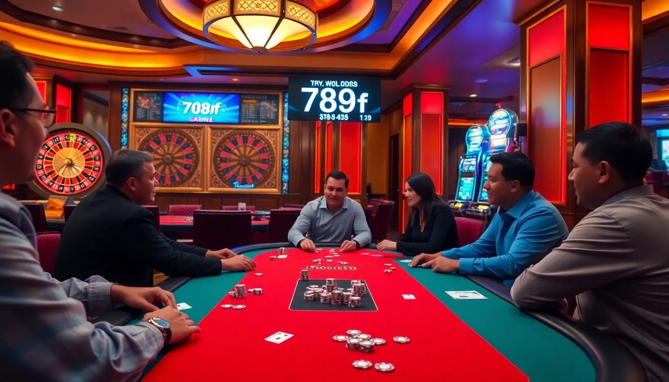 Players enjoying poker at a vibrant casino table featuring 789f themed elements.