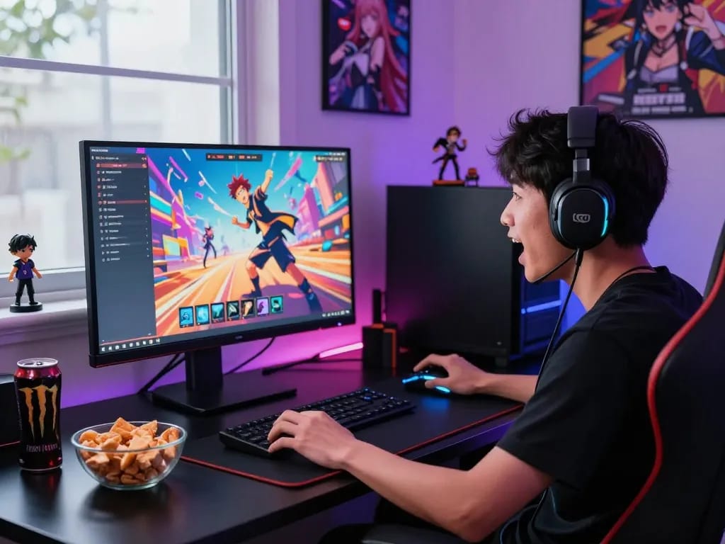 Playing an anime porn game in a vibrant gaming setup with colorful visuals.