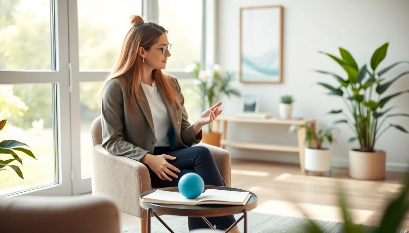Client discussing stress and anxiety in a serene therapy room with calming decor.