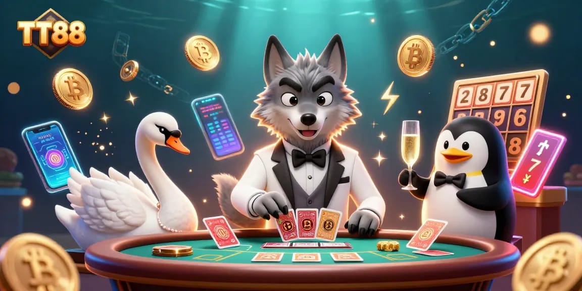 TT88 showcases a debonair wolf and friends enjoying casino action with cards, champagne, and digital currencies.