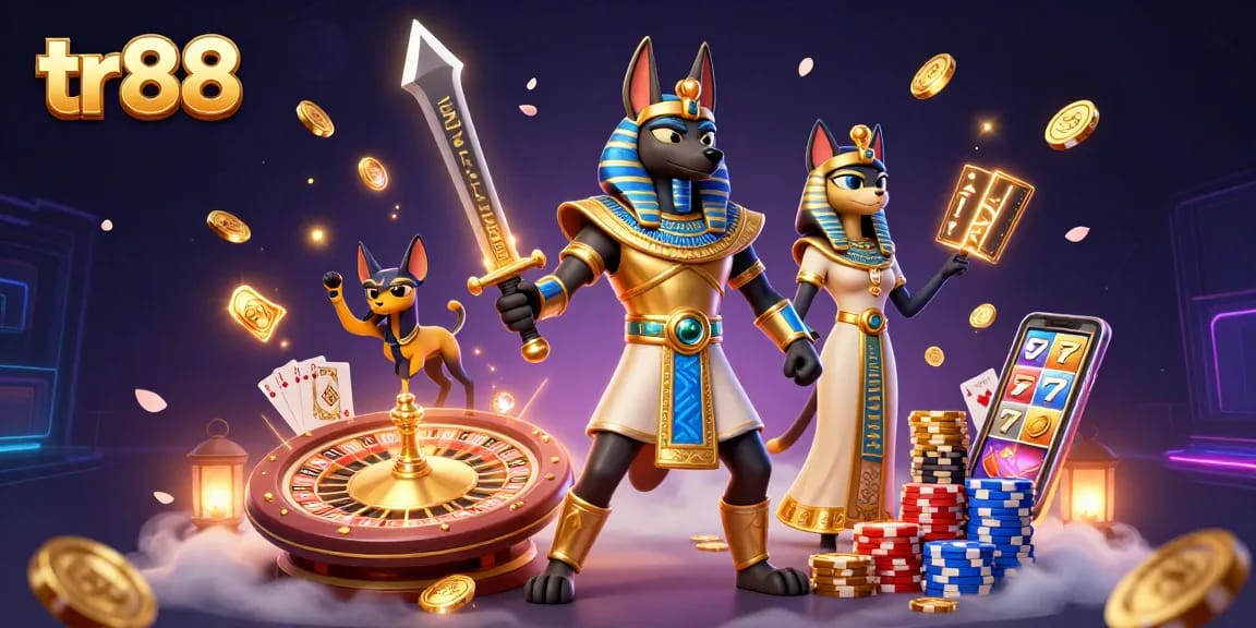 Experience thrilling games with tr88 featuring Anubis and Bastet in a vibrant casino scene.