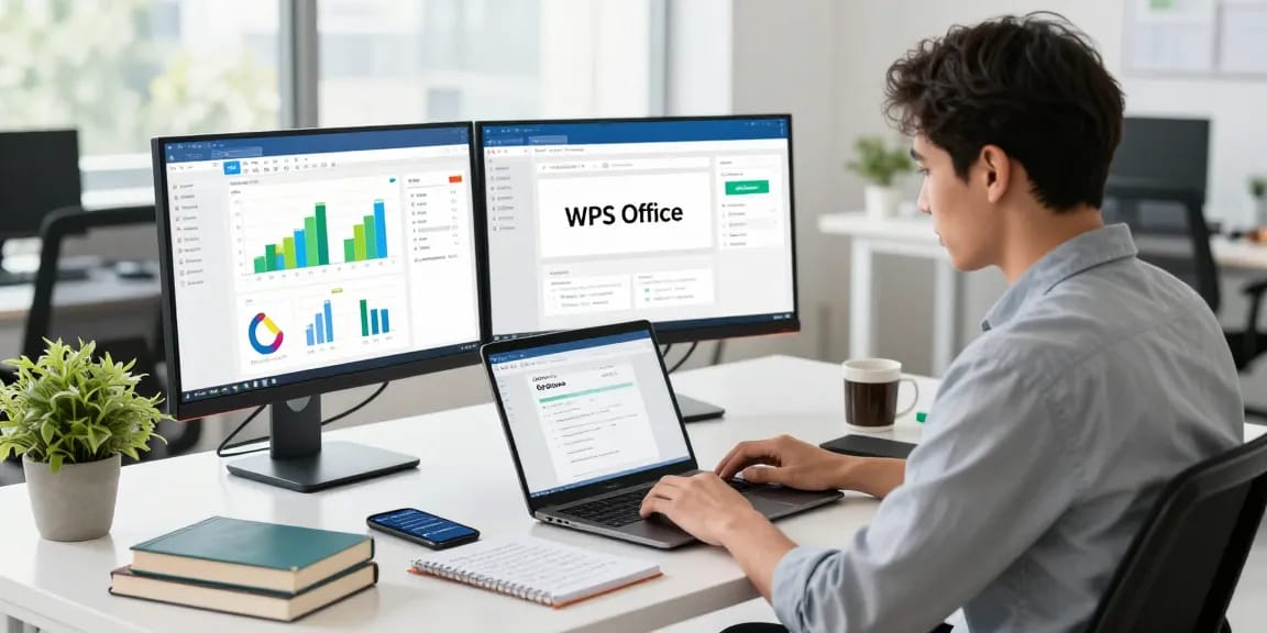 WPS Download in a modern office workspace with a professional setting focused on productivity tools.