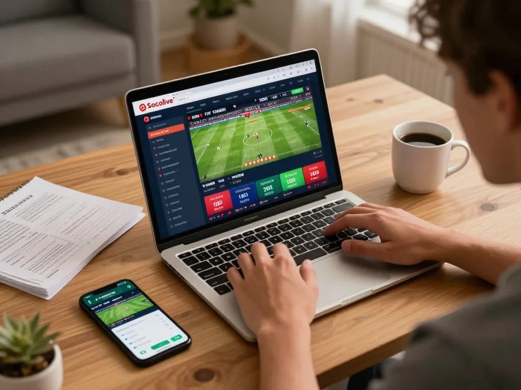 Socolive user engaging with live football betting while analyzing game strategies in a cozy home setup.