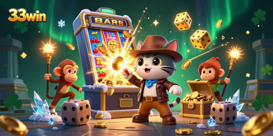Experience thrilling action with 33win as a cartoon cat discovers casino treasures amid dynamic gameplay.