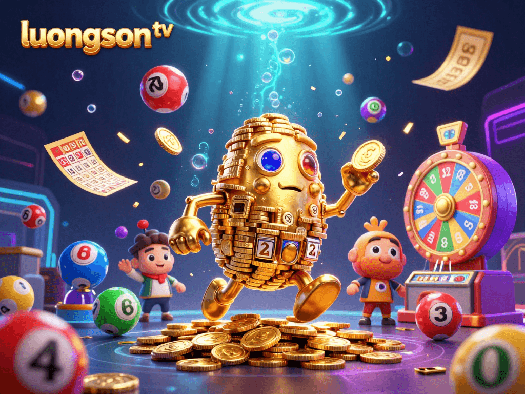 Experience immersive gaming with the luongson tv animated golem surrounded by vibrant lottery elements.