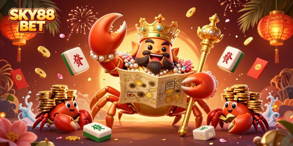 Experience the excitement of SKY88 BET through this vibrant 3D illustration of a golden crab emperor amidst gambling elements.