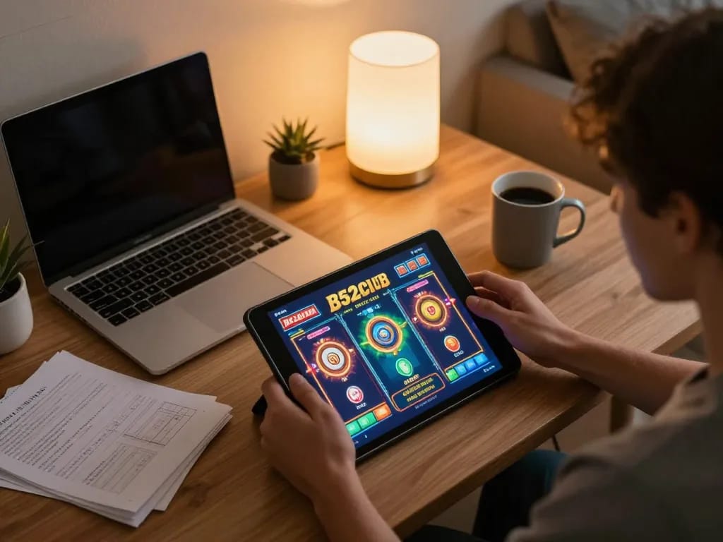 B52club player enjoying online slots at home with strategic notes and cozy ambiance.