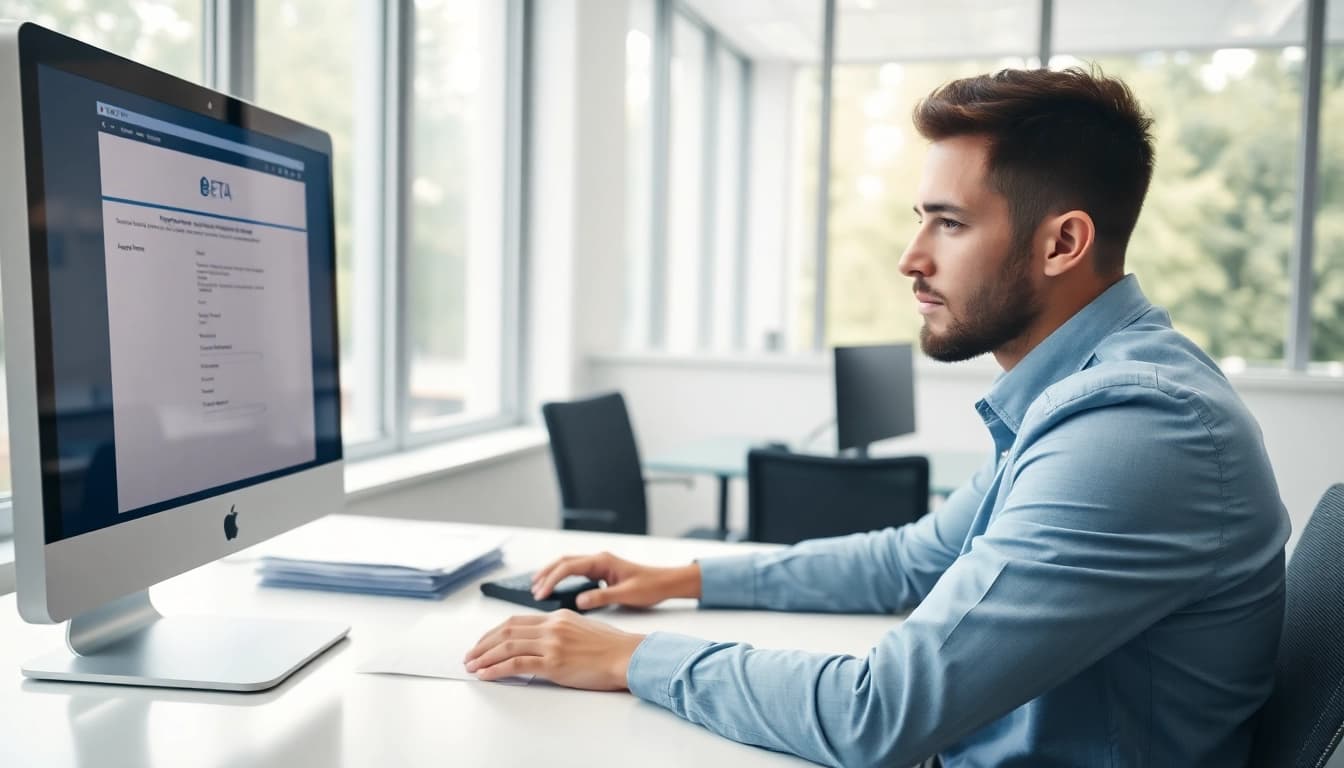 Submit an eta application uk in a modern office setting with focused professionalism.