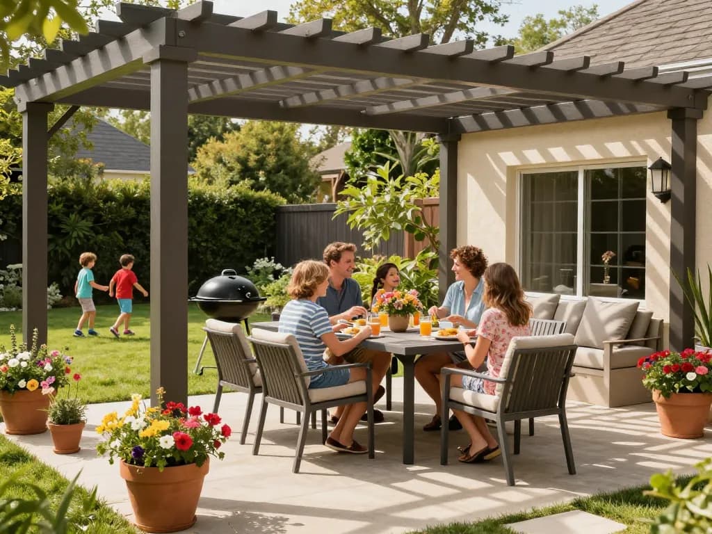 Famiglia che si gode un incontro all'aperto sotto una pergola progettata con un configuratore di pergole online, circondata da piante vivaci.