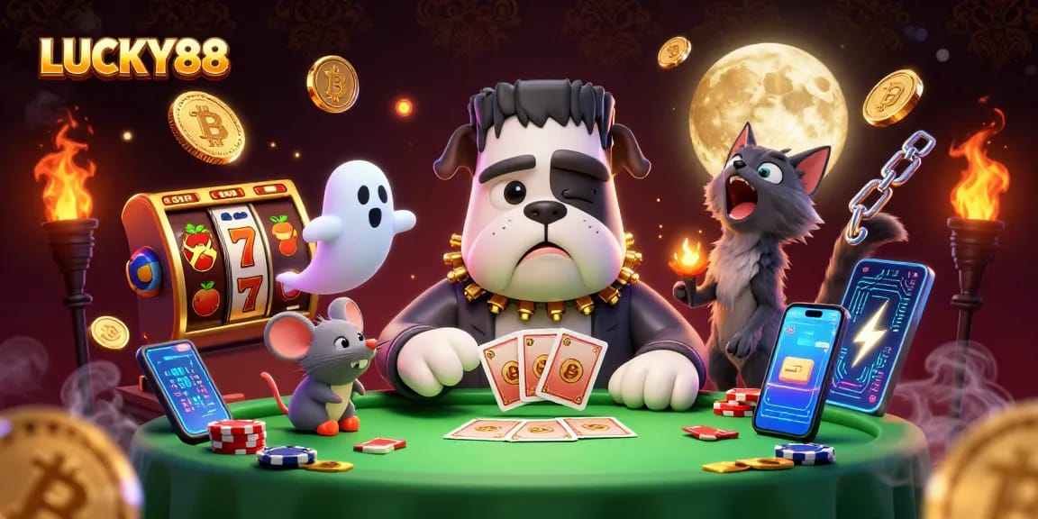 Experience the excitement of LUCKY88 with a vibrant 3D scene featuring a Frankenstein bulldog monster and jackpot elements.