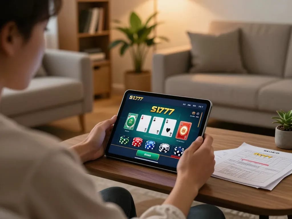 Berinteraksi dengan aplikasi kasino online sl777 di tablet dalam suasana ruang tamu yang nyaman.
