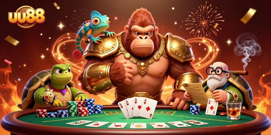 uu88 showcases an intense poker scene with the king gorilla and magical companions in action.