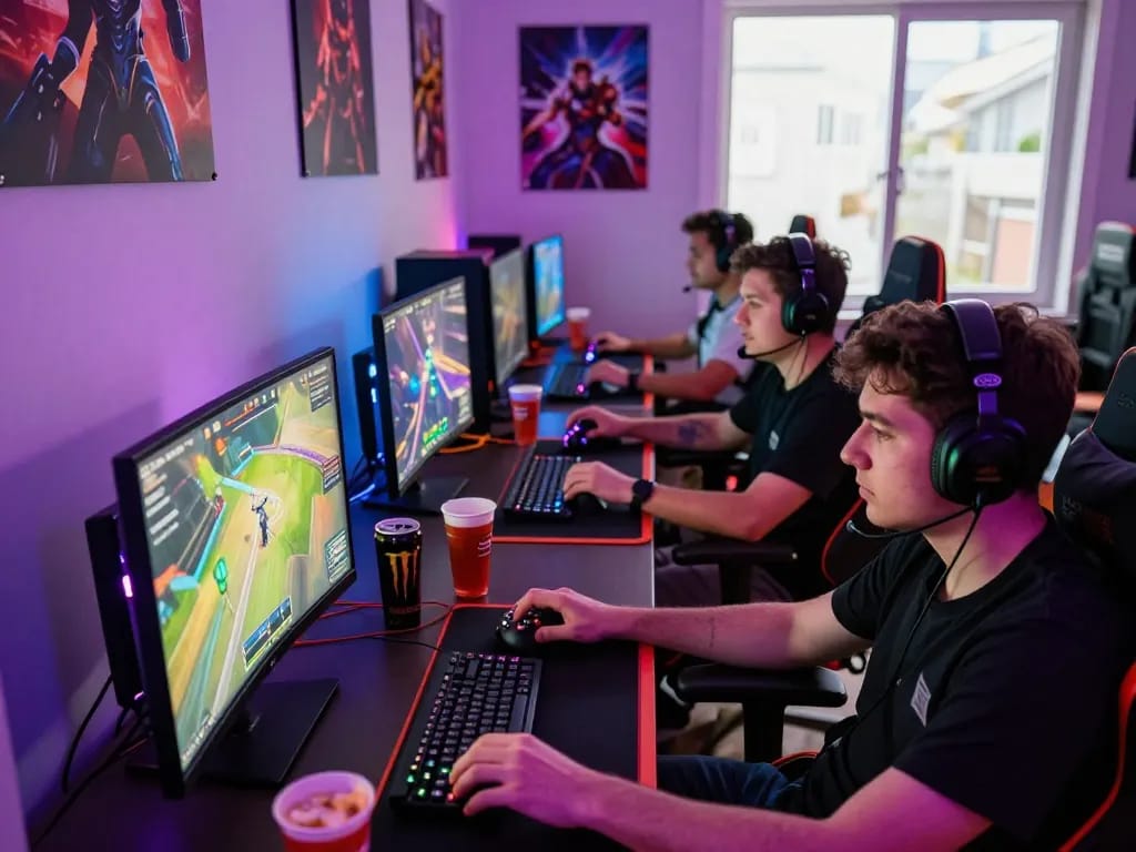 Exciting online gaming scene with players engaged at https://rikviprent.com, showcasing unique setups and vibrant atmosphere.