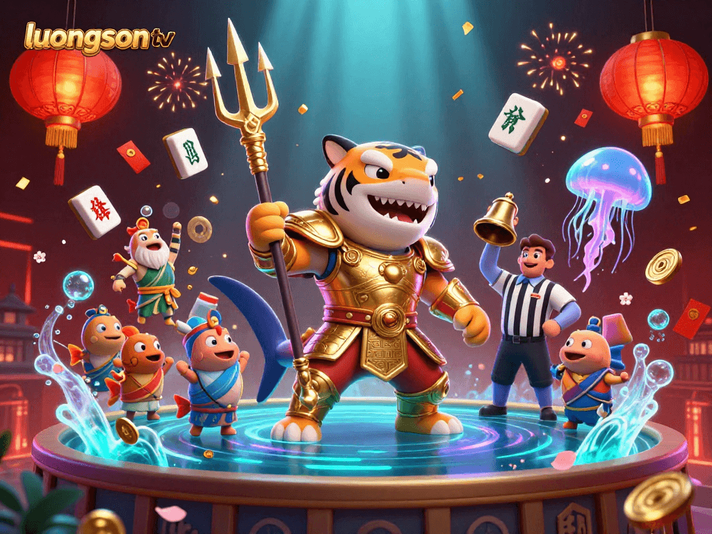 Experience luongson tv with a vibrant underwater casino scene, featuring a golden gladiator shark and rich decorations.