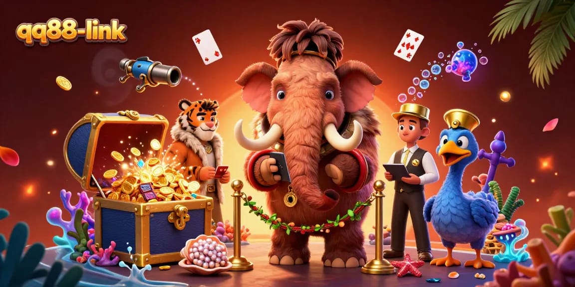 Experience vibrant gaming with qq88-link's digital casino bouncer and dynamic elements in a 3D illustration.