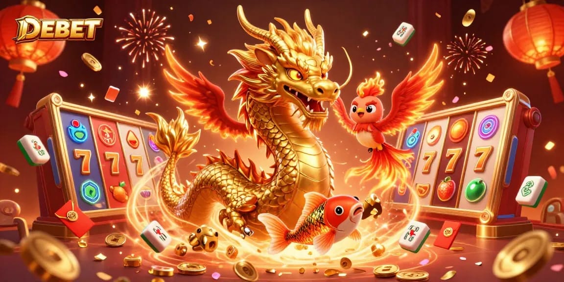 Experience DEBET's vibrant casino scene with a dragon, phoenix, and koi fish amidst slot reels and festive elements.