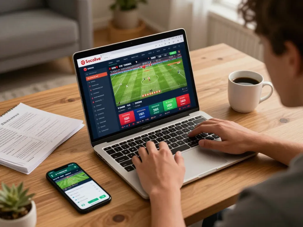 Socolive user engaging with live football betting while analyzing game strategies in a cozy home setup.