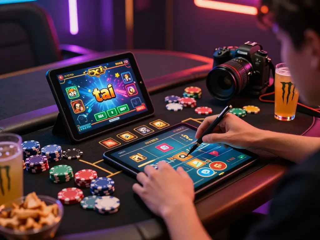 Player engaging in a tài xỉu sunwin game with colorful chips and snacks in an exciting gaming room.