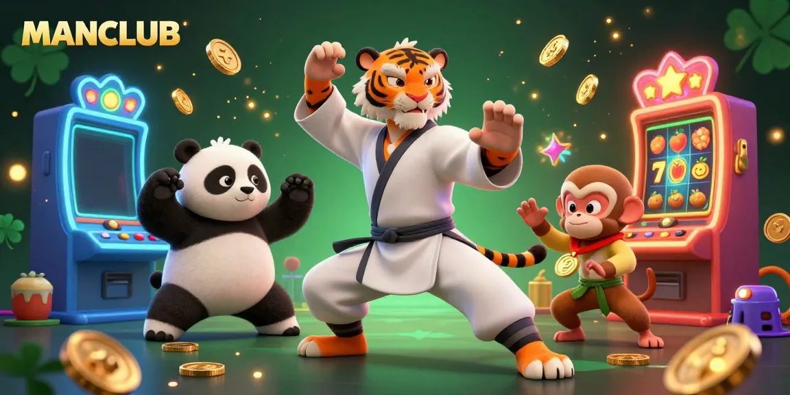 Experience excitement at MANCLUB with vibrant 3D illustrations of engaging slot games, lively characters, and golden jackpot elements.