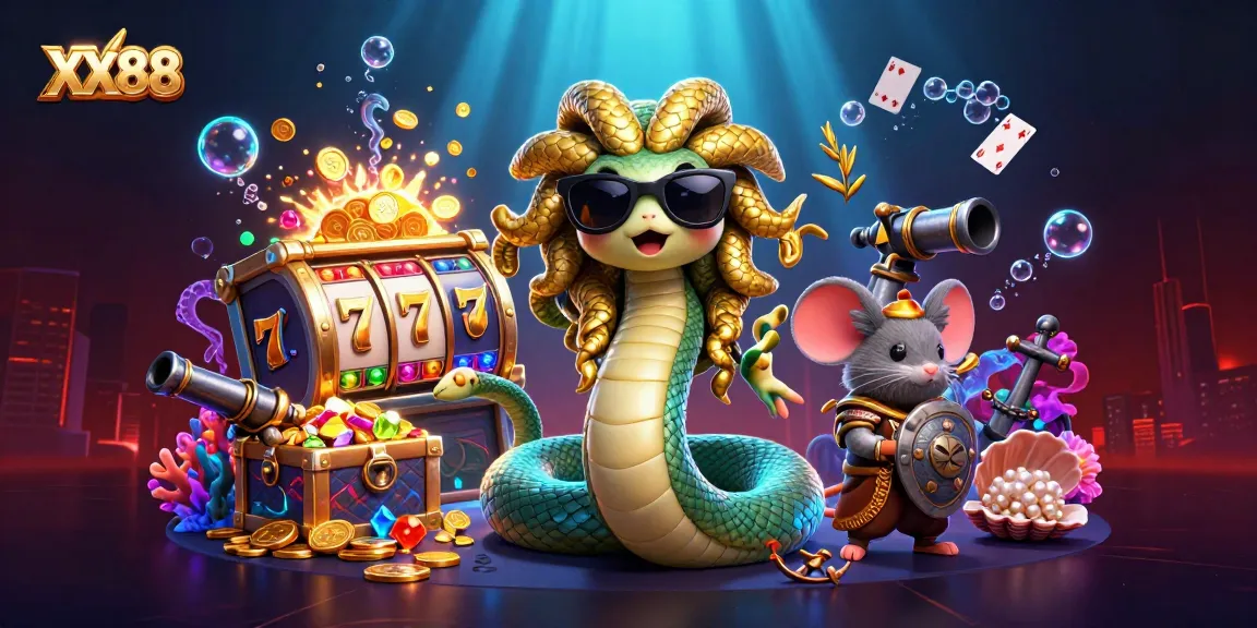 Engage with dynamic gaming at XX88: Medusa and friends amidst vibrant casino scenes, winning excitement awaits!