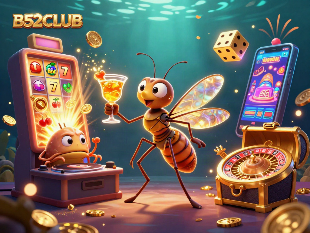 B52CLUB brings excitement with a vibrant casino scene showcasing unique characters and jackpot winnings.