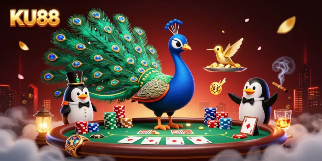 Engage in KU88's thrilling poker action with a majestic peacock, a penguin butler, and a dazzling hummingbird.