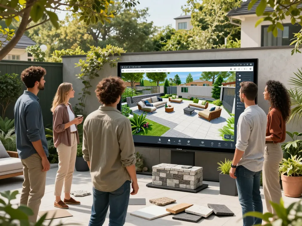 Group using a configuratore 3D outdoor tool to design a custom patio layout with various material samples.