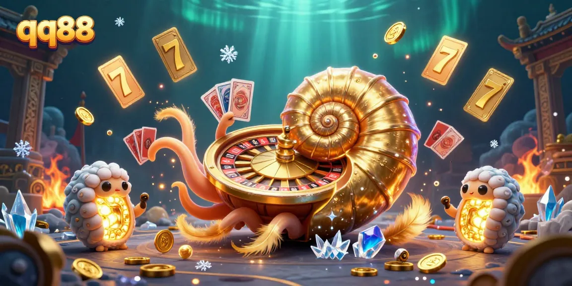 Engage with QQ88's vibrant gaming universe featuring exciting elements like a nautilus roulette wheel.