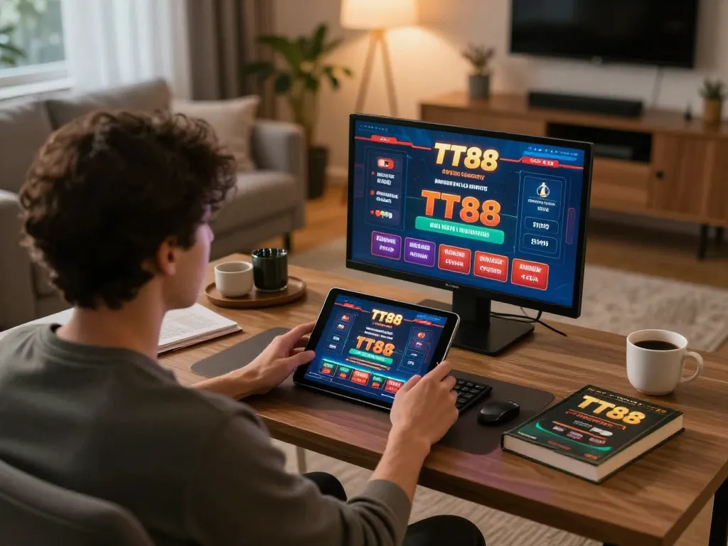TT88 user engaging with online casino gaming at home, showcasing excitement and strategy.