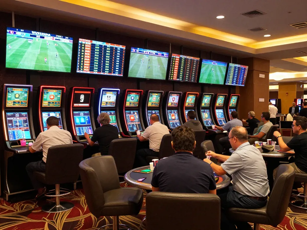 Excited bettors engaging in sports betting while following xôi lạc match scores in a vibrant casino.