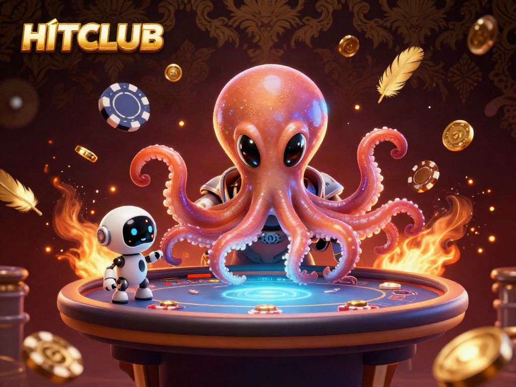 Experience the thrill of HITCLUB's dynamic poker scene with an alien octopus and robot amid swirling casino elements.