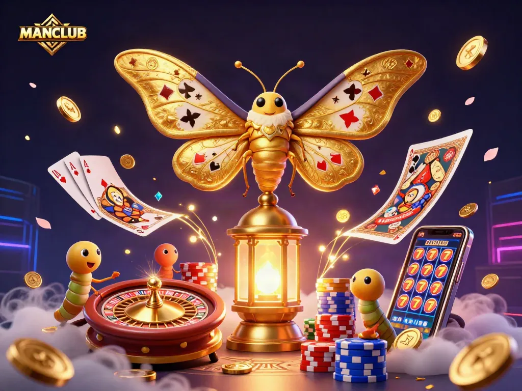 MANCLUB showcases a vibrant casino scene with a golden atlas moth, vibrant poker chips, and sparkling gems.