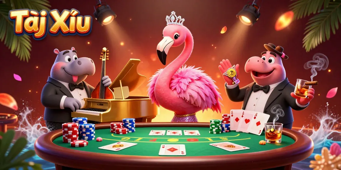 Tài Xỉu lively scene featuring a flamingo singer and hippo bassist with casino elements