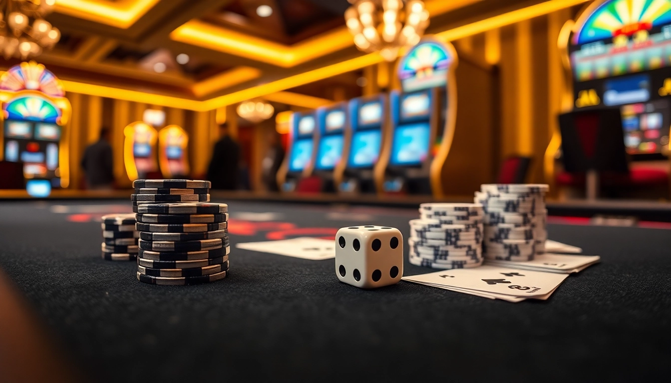FLY88 casino table with stacked poker chips and rolling dice, capturing thrilling gameplay.