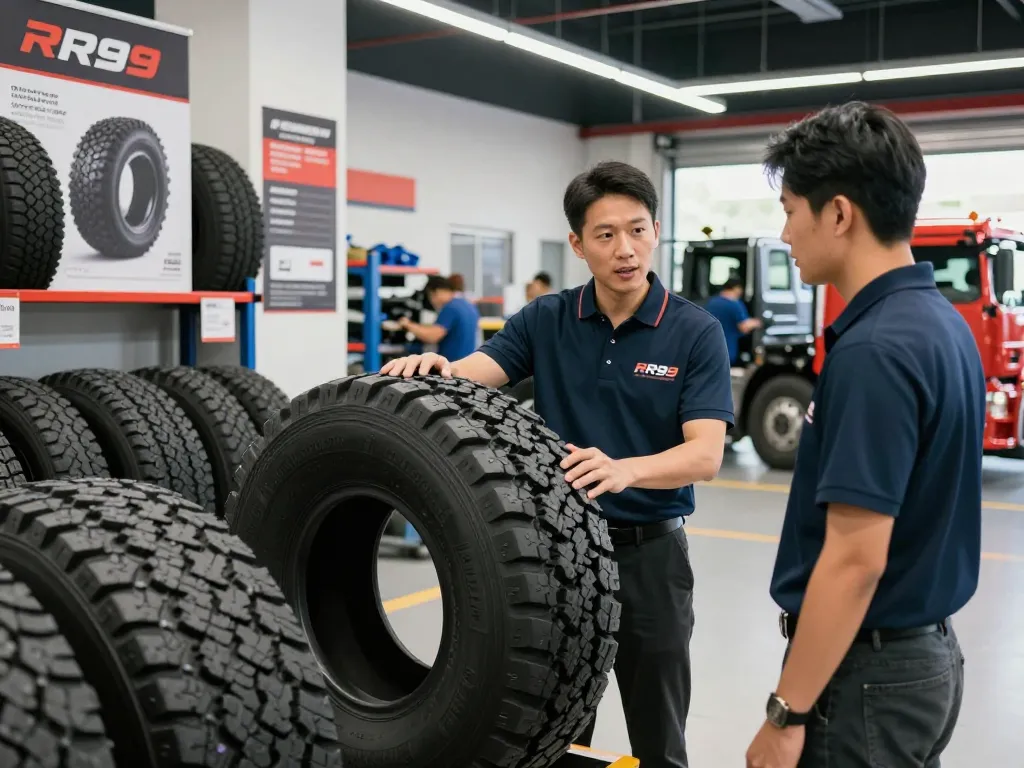Showcasing RR99 truck tires in a professional dealership setting with customer interaction.