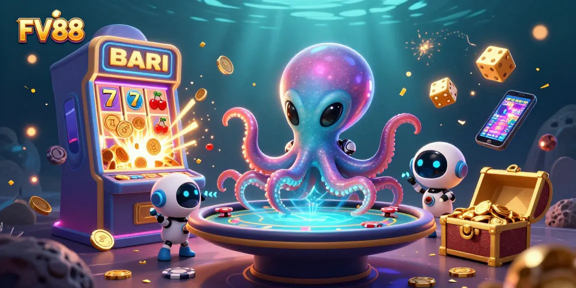 Engage with thrilling FV88 casino action featuring an alien octopus at a holographic poker table.