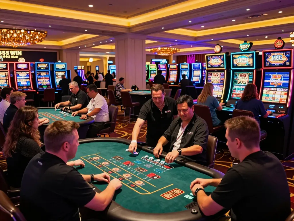 Experience the excitement of 555win at a vibrant Las Vegas casino with players at blackjack tables.
