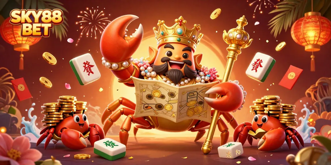 Experience the excitement of SKY88 BET through this vibrant 3D illustration of a golden crab emperor amidst gambling elements.