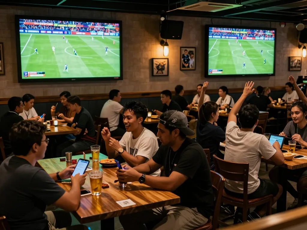Excited fans cheering at a sports bar watching live Cakhia football match while using betting apps